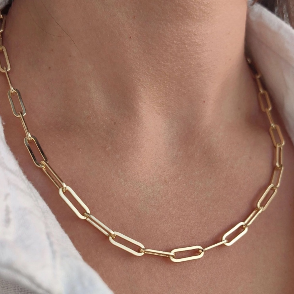 14K Gold Plated Paperclip Chain Necklace 20" - Water Resistant Rhodium Finish